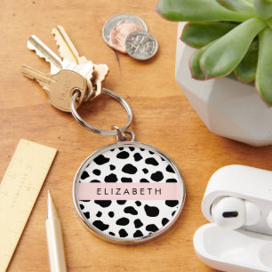 Cow Print, Cow Spots, Black And White, Your Name Key Ring