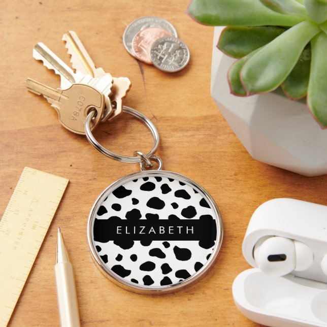 Cow Print, Cow Spots, Black And White, Your Name Key Ring (Desk)