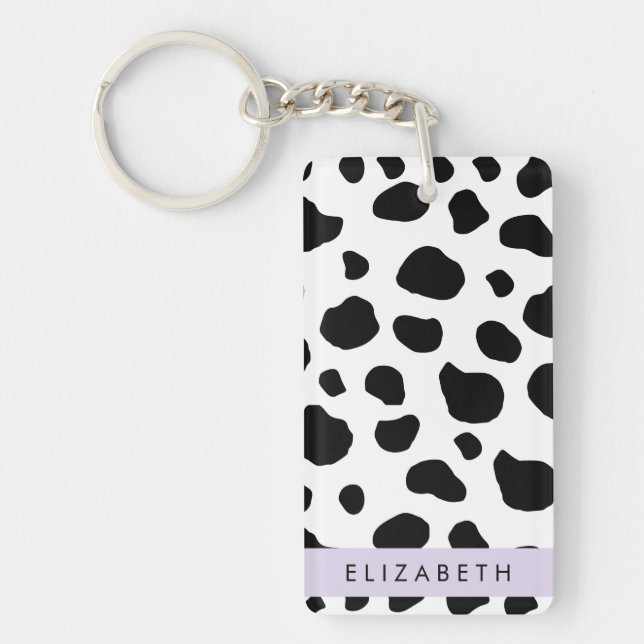 Cow Print, Cow Spots, Black And White, Your Name Key Ring (Front)