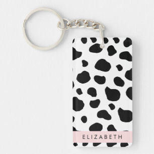 Cow Print, Cow Spots, Black And White, Your Name Key Ring