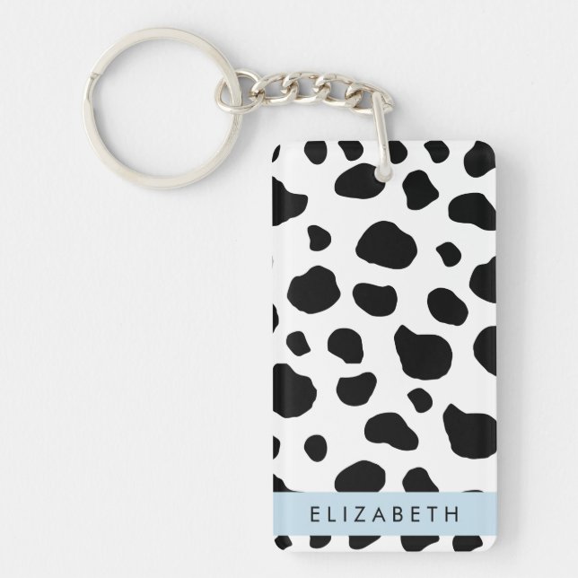 Cow Print, Cow Spots, Black And White, Your Name Key Ring (Front)