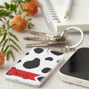Cow Print, Cow Spots, Black And White, Your Name Key Ring
