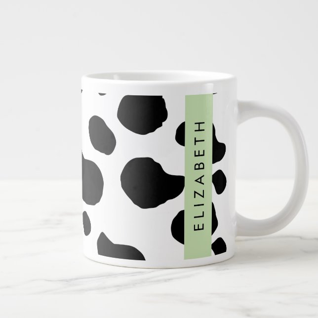 Cow Print, Cow Spots, Black And White, Your Name Large Coffee Mug (Right)