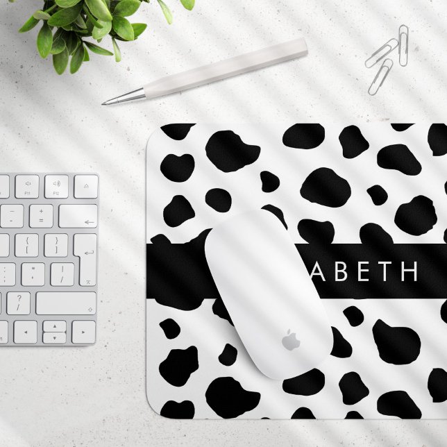 Cow Print, Cow Spots, Black And White, Your Name Mouse Mat (Creator Uploaded)