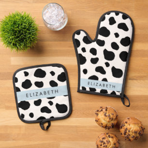 Cow Print, Cow Spots, Black And White, Your Name Oven Mitt & Pot Holder Set