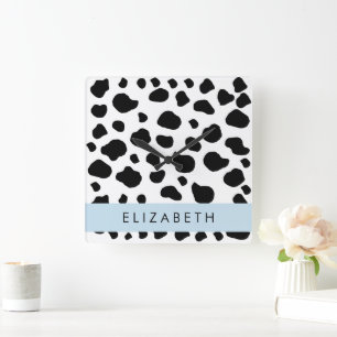 Cow Print, Cow Spots, Black And White, Your Name Square Wall Clock