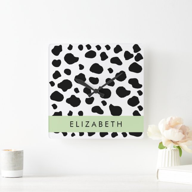 Cow Print, Cow Spots, Black And White, Your Name Square Wall Clock (Home)