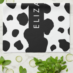 Cow Print, Cow Spots, Black And White, Your Name Tea Towel
