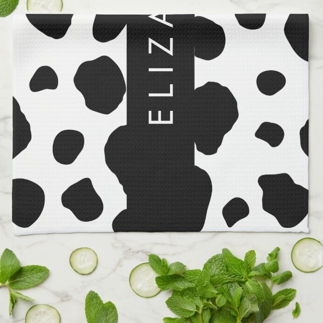 Cow Print, Cow Spots, Black And White, Your Name Tea Towel (Folded)