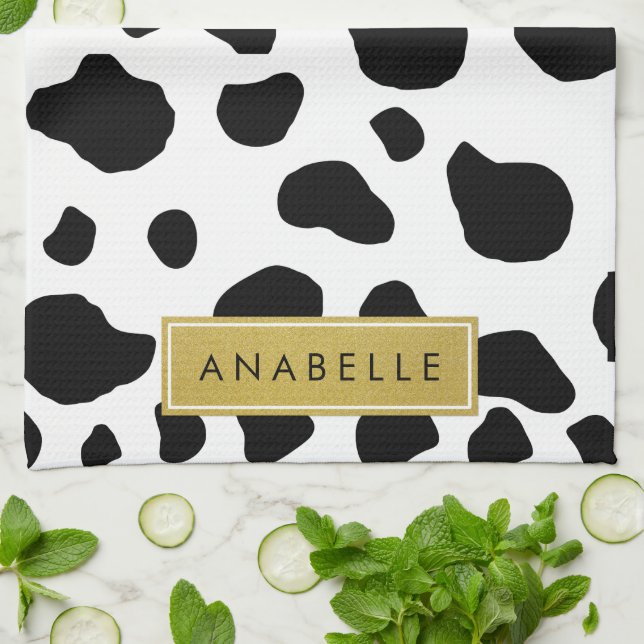 Cow Print, Cow Spots, Black And White, Your Name Tea Towel (Folded)