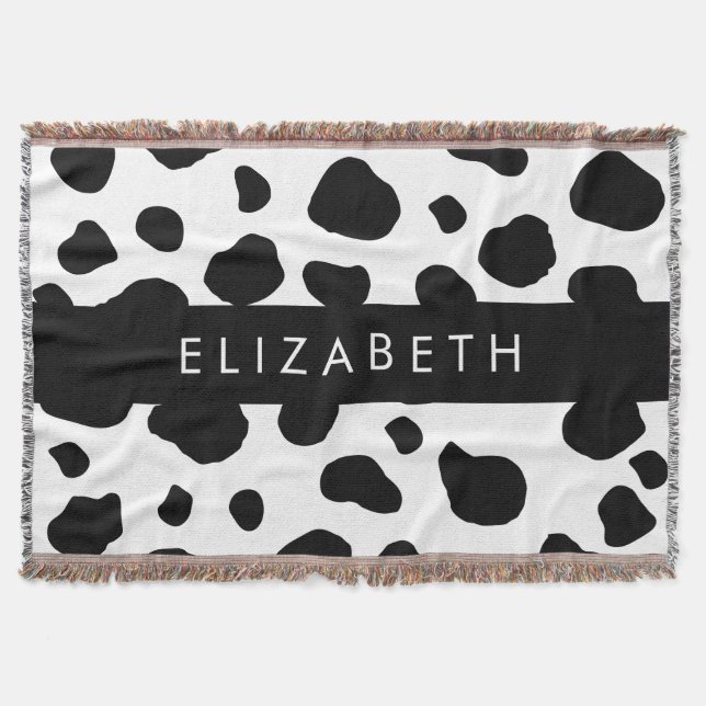 Cow Print, Cow Spots, Black And White, Your Name Throw Blanket (Front)