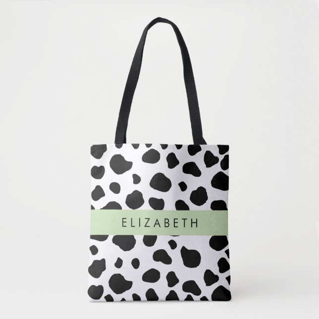 Cow Print, Cow Spots, Black And White, Your Name Tote Bag (Front)