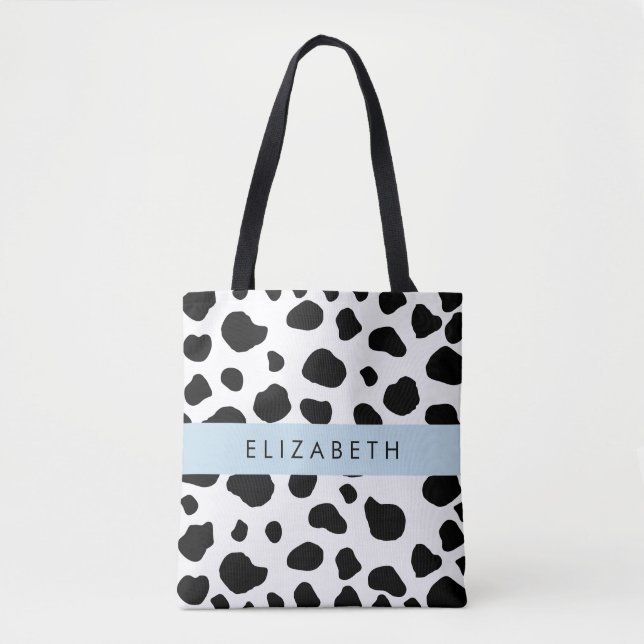 Cow Print, Cow Spots, Black And White, Your Name Tote Bag (Front)