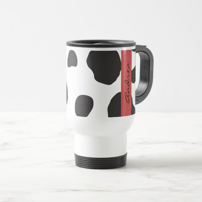 Cow Print, Cow Spots, Black And White, Your Name Travel Mug (Front Right)