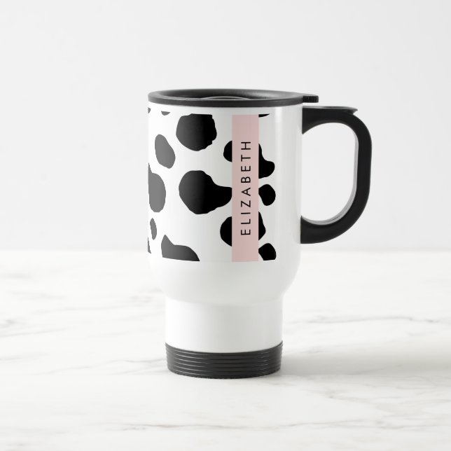 Cow Print, Cow Spots, Black And White, Your Name Travel Mug (Right)