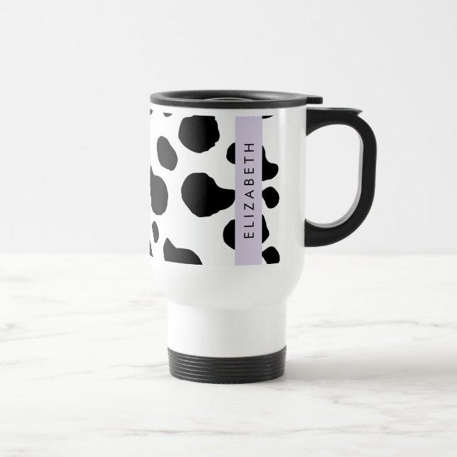 Cow Print, Cow Spots, Black And White, Your Name Travel Mug (Right)
