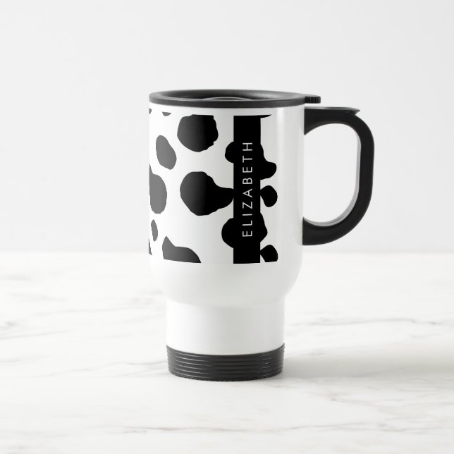 Cow Print, Cow Spots, Black And White, Your Name Travel Mug (Right)