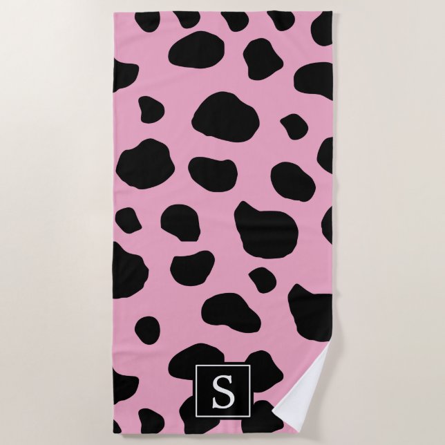 Cow Print, Cow Spots, Pink Cow, Monogram Beach Towel (Front)