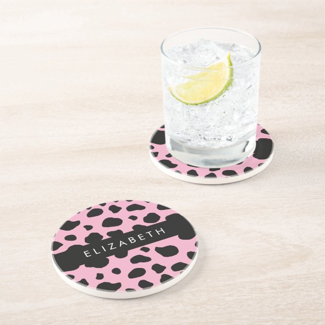 Cow Print, Cow Spots, Pink Cow, Your Name Coaster (Side)