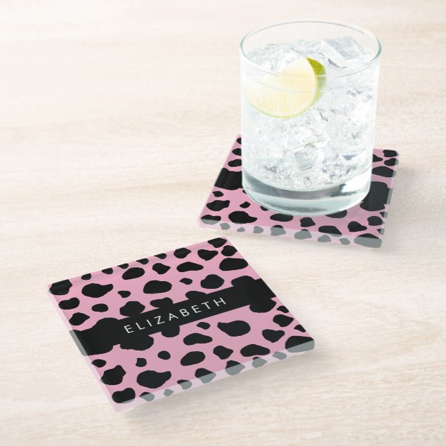 Cow Print, Cow Spots, Pink Cow, Your Name Glass Coaster (Angled)