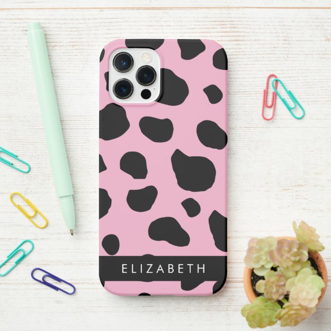 Cow Print, Cow Spots, Pink Cow, Your Name iPhone Case (On Desk)