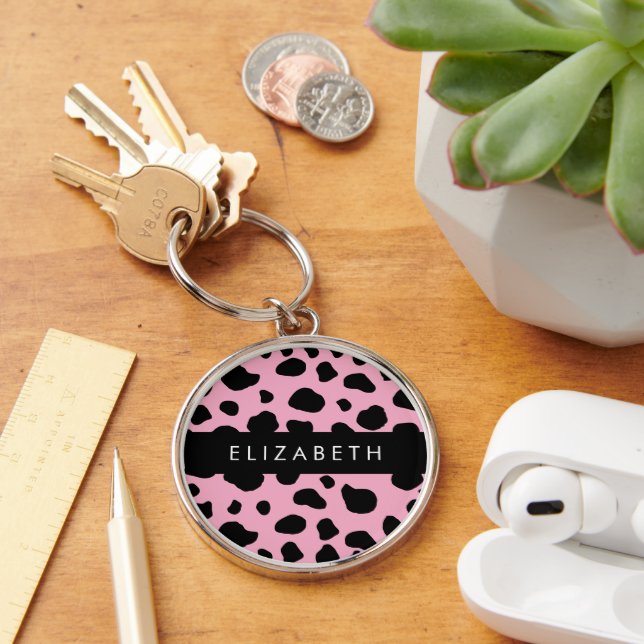 Cow Print, Cow Spots, Pink Cow, Your Name Key Ring (Desk)