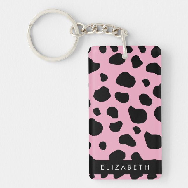 Cow Print, Cow Spots, Pink Cow, Your Name Key Ring (Front)