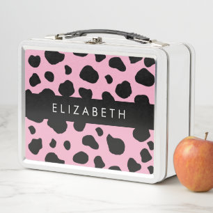 Cow Print, Cow Spots, Pink Cow, Your Name Metal Lunch Box