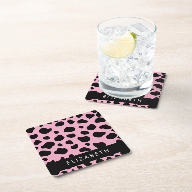 Cow Print, Cow Spots, Pink Cow, Your Name Square Paper Coaster (Insitu)