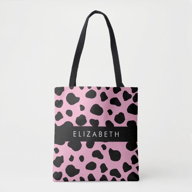 Cow Print, Cow Spots, Pink Cow, Your Name Tote Bag (Front)