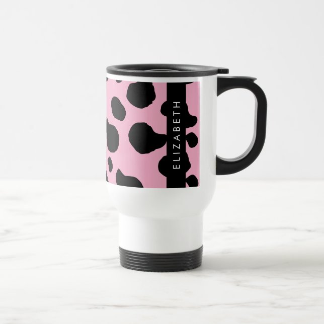Cow Print, Cow Spots, Pink Cow, Your Name Travel Mug (Right)