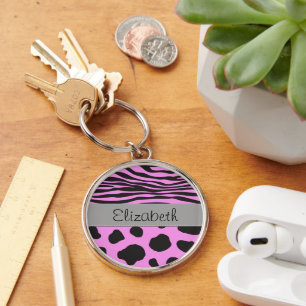 Cow Print, Cow Spots, Zebra Stripes, Your Name Key Ring