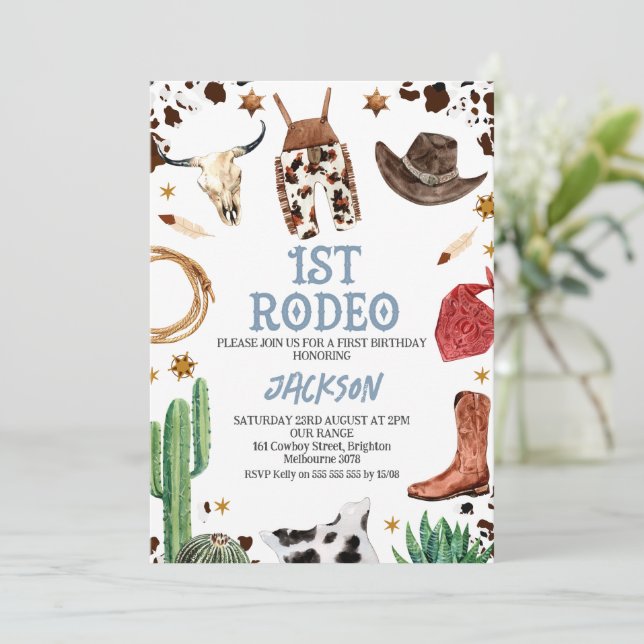 Cow Print Cowboy My First Rodeo 1st Birthday Invitation (Standing Front)
