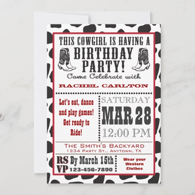 Cow Print Cowgirl Birthday Invitation (Front)