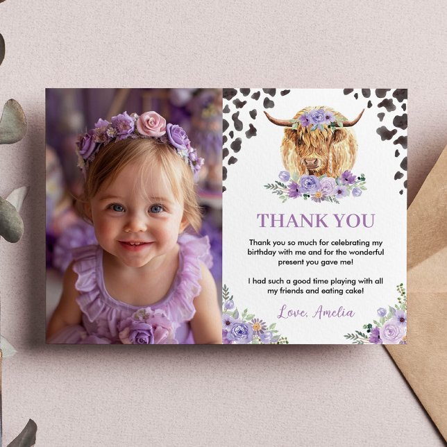 Cow Print Girl Birthday Photo Thank You Card (Creator Uploaded)