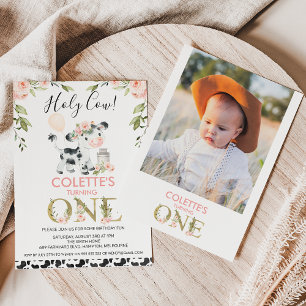 Cow Print Holy Cow Floral Photo Back 1st Birthday Invitation