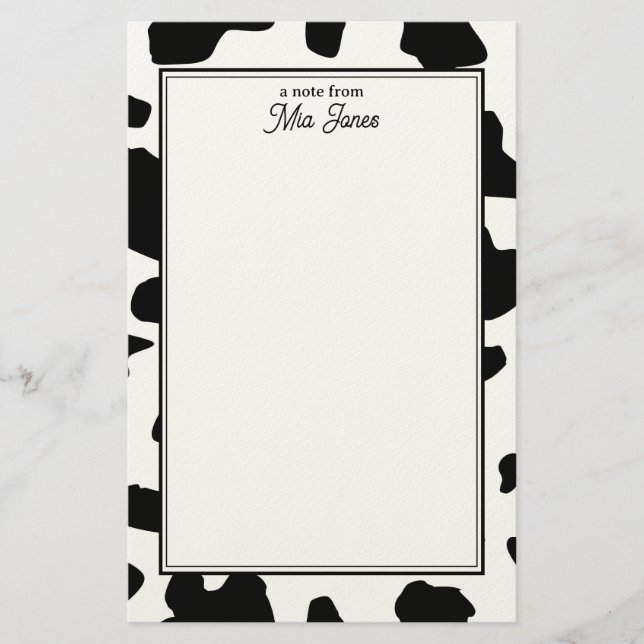 Cow Print Pattern Black and White Personalized Stationery (Front)