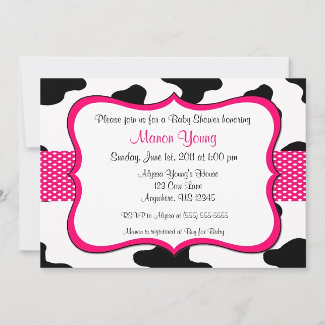 Cow Print Pink Baby Shower or Birthday Invitation (Front)