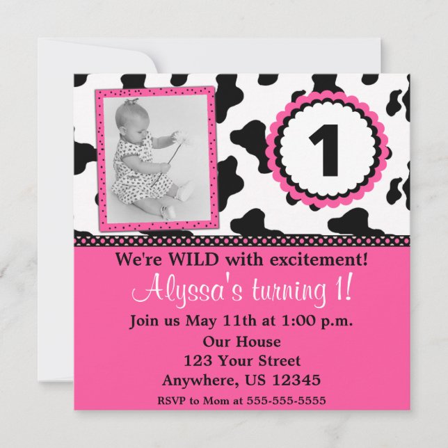 Cow Print Pink Girls Birthday Invite ANY AGE (Front)