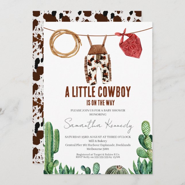 Cow Print Rustic Little Cowboy Baby Shower Invitation (Front/Back)