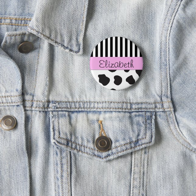 Cow Print, Stripes, Black and White, Your Name 6 Cm Round Badge (In Situ)