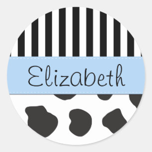 Cow Print, Stripes, Black and White, Your Name Classic Round Sticker