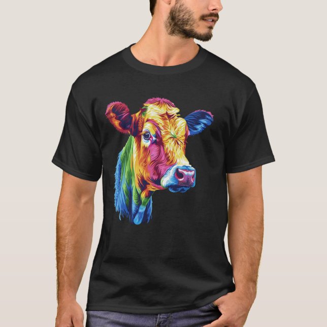 Cow Rainbow Colourful Cow Head Pop Art Farm Animal T-Shirt (Front)