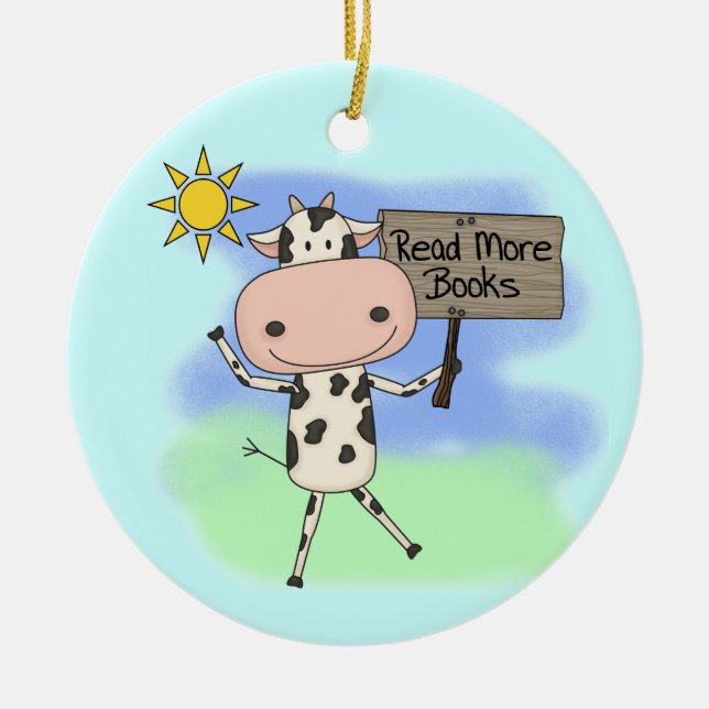 Cow Read More Books Ceramic Tree Decoration (Front)
