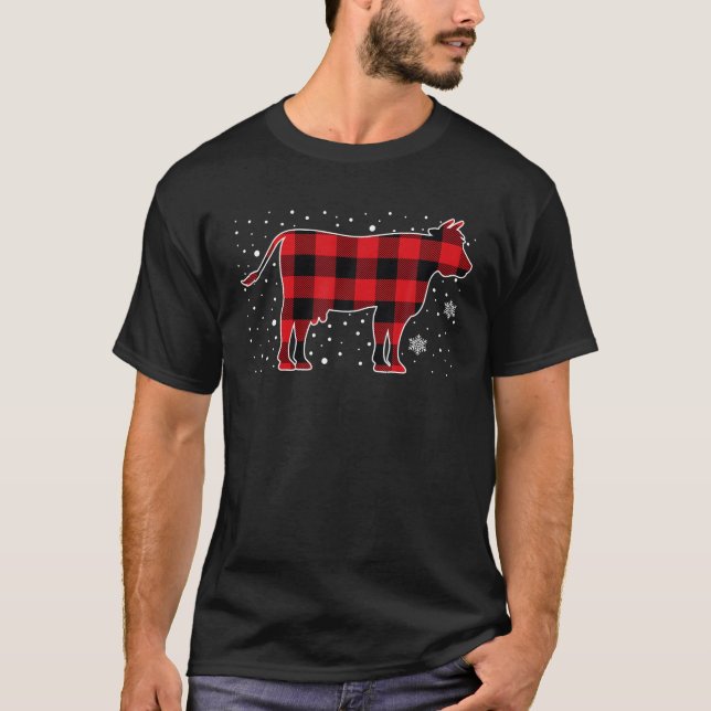 Cow Red Buffalo Plaid Christmas Pajama Mens Womens T-Shirt (Front)