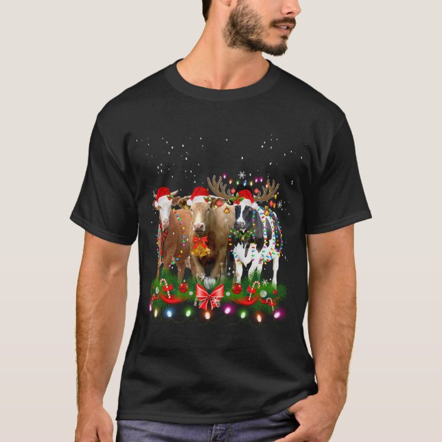 Cow Reindeer Hat Santa Christmas Light Funny Cow C T-Shirt (Front)