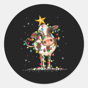 Cow Reindeer Hat Santa Christmas Lights Fun Cow Ch Classic Round Sticker