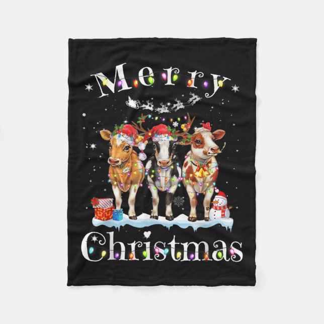 Cow Reindeer Hat Santa Christmas Lights Funny Cow  Fleece Blanket (Front)