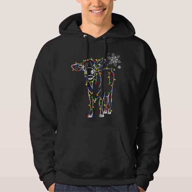 Cow Reindeer Hat Santa Christmas Lights Funny Cow  Hoodie (Front)