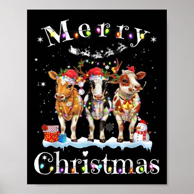 Cow Reindeer Hat Santa Christmas Lights Funny Cow  Poster (Front)